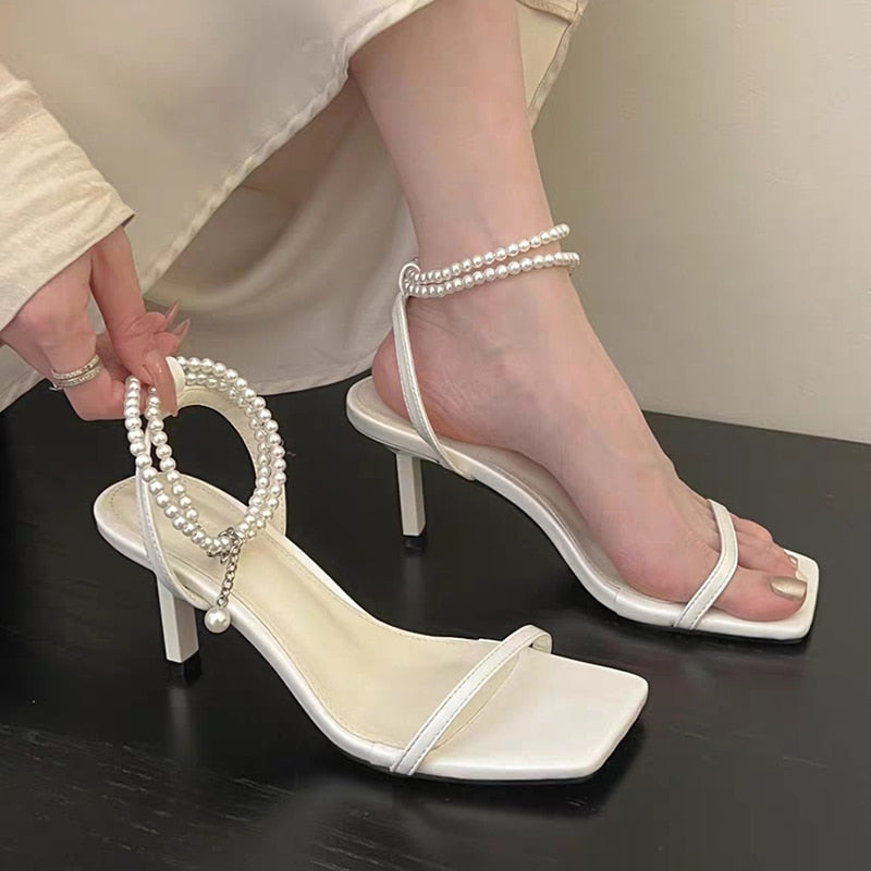 Ddbos Pearl Ankle Straps High Heels Sandals Women Summer Fashion Square Toe Sandals Woman Elegant Thin Heeled Silver Party Shoes