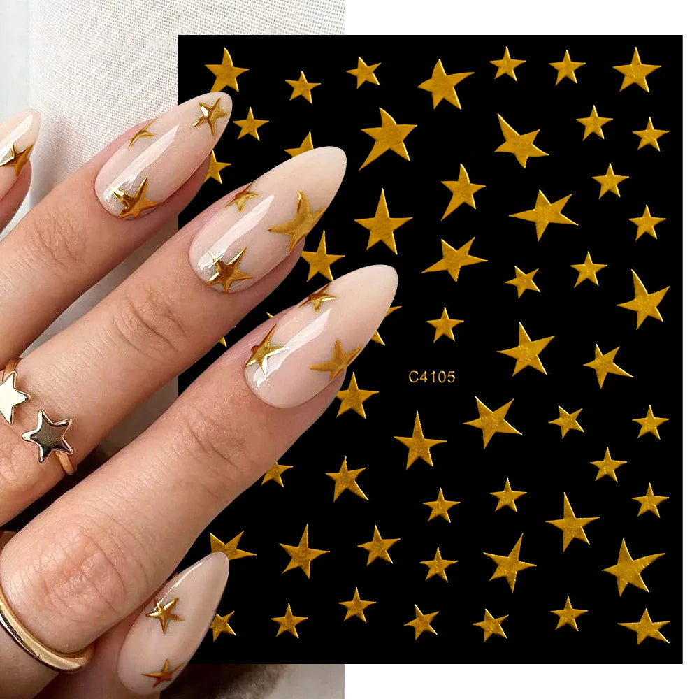 Ddbos 3D Bronzing Laser Silver Irregular Star Nail Decals Metallic Effect Silver Pentagram Nail Decals Adhesive Nail Art Star Stickers