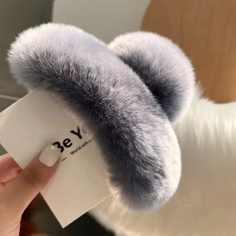 Ddbos Vintage Women Large Real Otter Rabbit Plush Hair Clip Korea Autumn and Winter Elegant Shark Claw Girl Sweet Hair Accessories