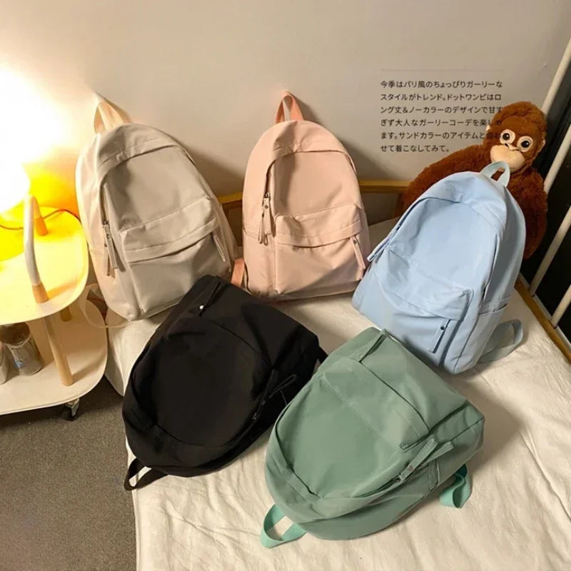 Waterproof Nylon Backpack for Women Simple Solid Color Bookbag Travel Backpack for Student Girls