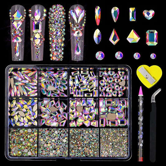 Ddbos 12 Grids Rhinestones For Nails Jewelry Set AB Flat Bottom Drill With Stainless Steel Tweezers Pen DIY Decoration Manicure Tools