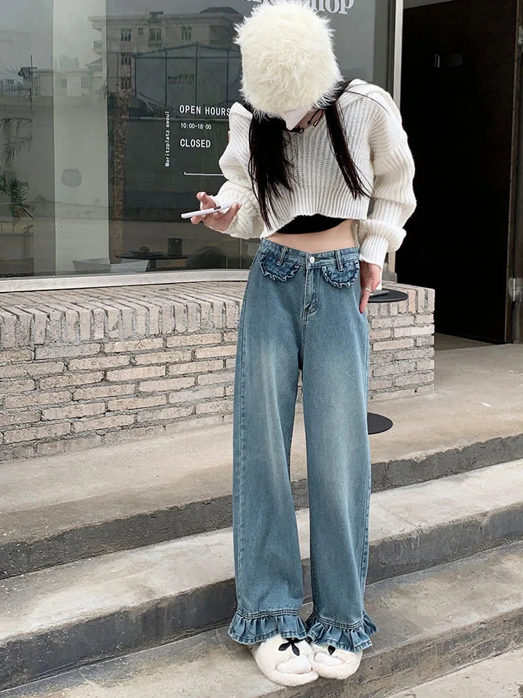 Ddbos Fashion Ruffle Jeans Women Wide Leg Pants Jeans Retro Chic Korean Version of High-waisted Jeans Kawaii Y2K Straight Pants