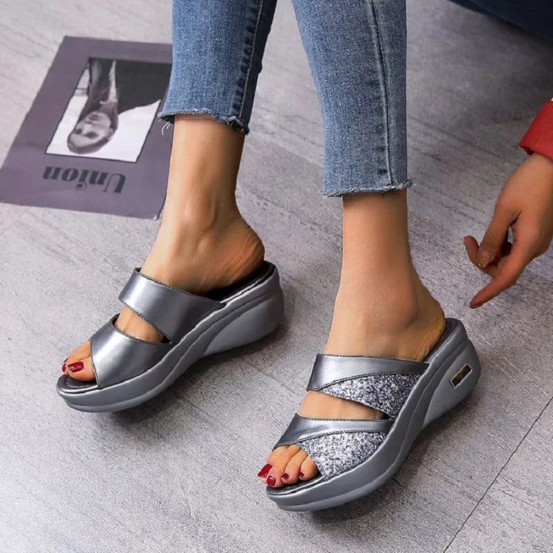 Ddbos new Women Summer Slippers Ladies Glitter PU Wedges Shoes Female Casual Slingbacks Sandals Comfortable Platform Woman