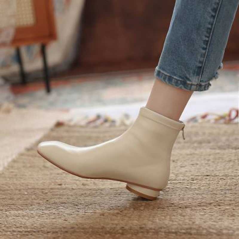 Ddbos Women Soft Leather Ankle Boots Square Toe Round Mid Heel Zipper Fashion Short Boot Autumn Winter Ladies Shoes Beige Retro Boots