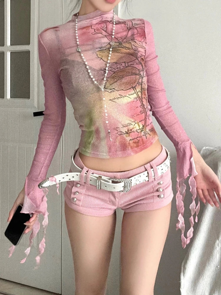 Ddbos Japanese Y2k Mesh Tops 2000s Aesthetics Pink T-shirt Korean Fairycore Women Sexy Crop Long Sleeve Sheer Tops Harajuku Lolita 00s