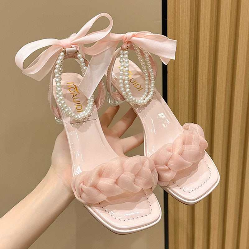 Ddbos Cute Pink Lace Bowknot Sandals for Women Summer Pearl Ankle Strap Clear Chunky Heels Sandals Woman Party Dress Pumps Shoes
