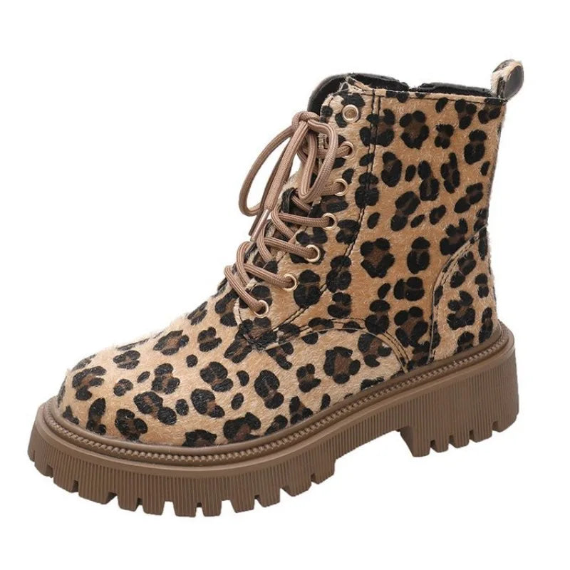 Ddbos Women Leopard Print Autumn/winter Thick Soled Lace up Fashion Boot Platform Comfort Waterproof Non Slip 42 Size Ankle Boots