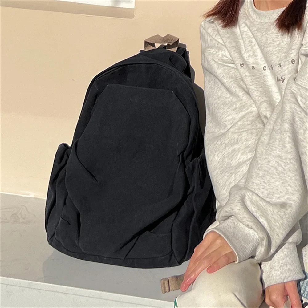 Ddbos Large Capacity Casual Simplicity Versatile School Student Backpack Solid Color Japanese Washed Canvas Travel Bag For Men Women