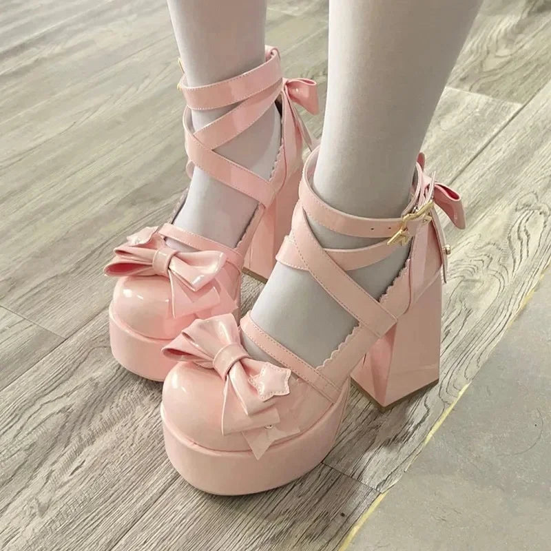 Ddbos Lolita Shoes Women Mary Janes High Heels Shoes Chunky Sandals Summer Fashion Retro Bow Party Platform Pumps