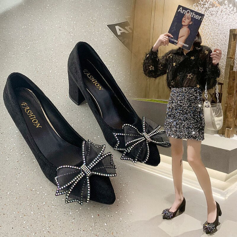 Ddbos Top Qualith High Heels Women's Butterfly Thick Heel Spring and Autumn New Crystal Wedding Shoes Black Single Shoes Summer