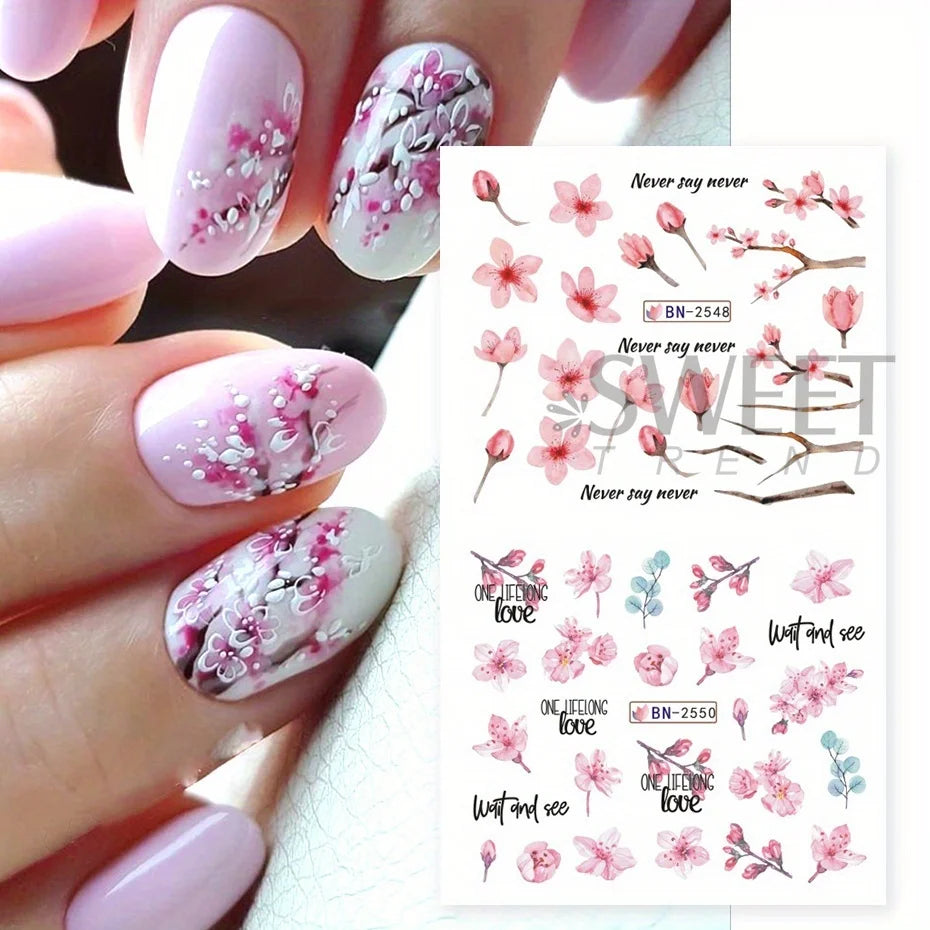 Ddbos 12pcs Pink Cherry Blossom Water Nail Sliders Winter New Year Sakura Floral Leaves Stickers DIY Charm Accessories Manicure Decor