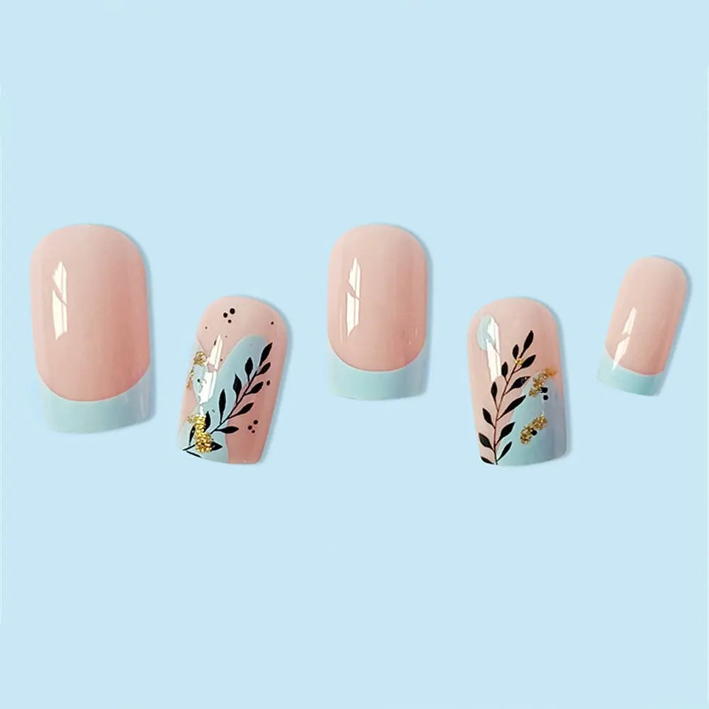 Fashion Leaves Square Head False Nails Set Press On Nails Nude Pink Manicure French Blue Fringe Fake Nail Tips With Designs