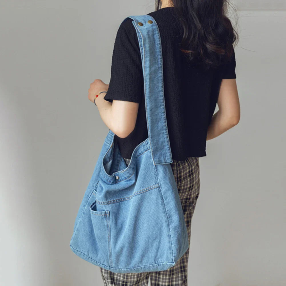 Unisex Denim Tote Handbag Large Capacity Lightweight Handbag Versatile Jeans Top Handle Bag Casual Reusable Grocery Bag