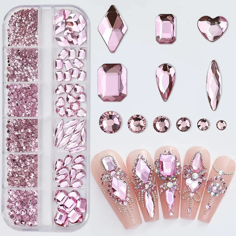 12Gird/Box Colorful Multi Shapes Hotfix Flatback Glass Diamonds 3D DIY Glitter Nail Art Rhinestones Luxurious Decorations