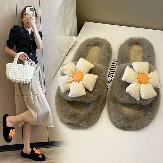 Flower Plush Slippers Women Wear Autumn and Winter New Home Plus Size One Word Slippers Cute Cotton Shoes Zapatillas Planas