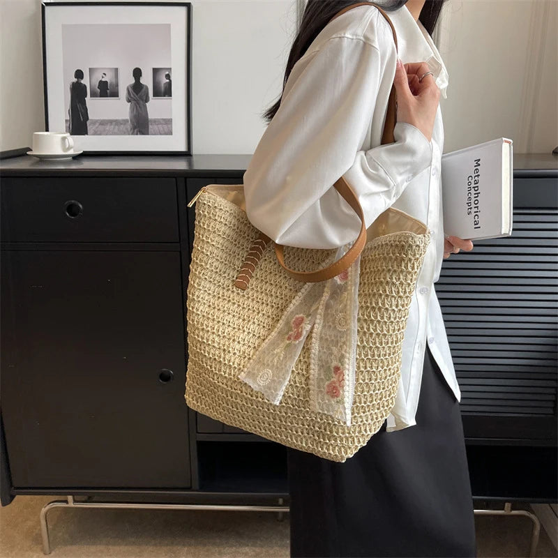 Ddbos Summer Large Capacity Tote Bag Women Shoulder Bag Handmade Woven Bag Fresh Rural Handheld Grass Woven Women Bag