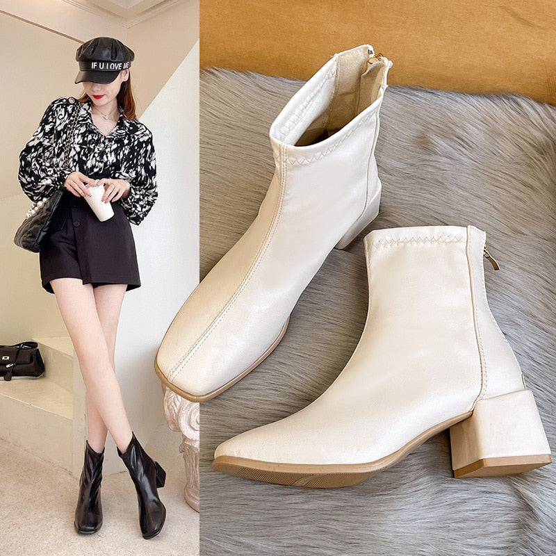 Ddbos New Square Toe Chunky Heel Ankle Boots for Women Square Toe Fashion Ladies Warm Winter Short Boots Zipper Square Heels Shoes