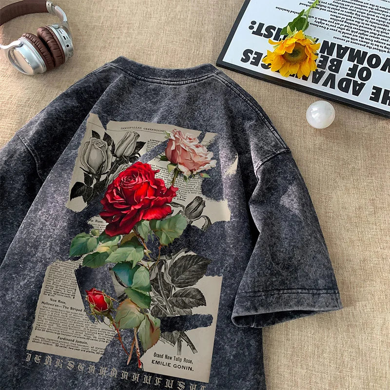 Ddbos Gothic Washed Tshirts Rose Printed Streetwear Men T-shirt O-neck Oversized Korean Short Sleeve Tops Harajuku Casual Male Tee