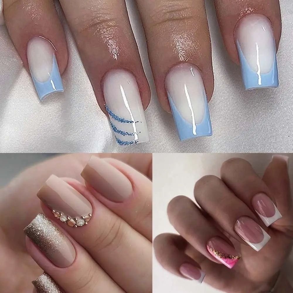 Long Square False Nails Pink Blue French Gold Crystal Fake Nails Full Cover Press on Nails Nail Tips