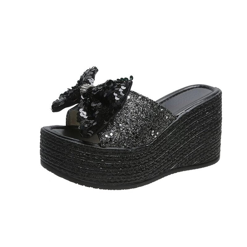 Ddbos Plus Size Slippers Women Fashion Sequin Bow High Heel Sandals Women Sexy Platform Shoes Women Outdoor Casual Slippers Women