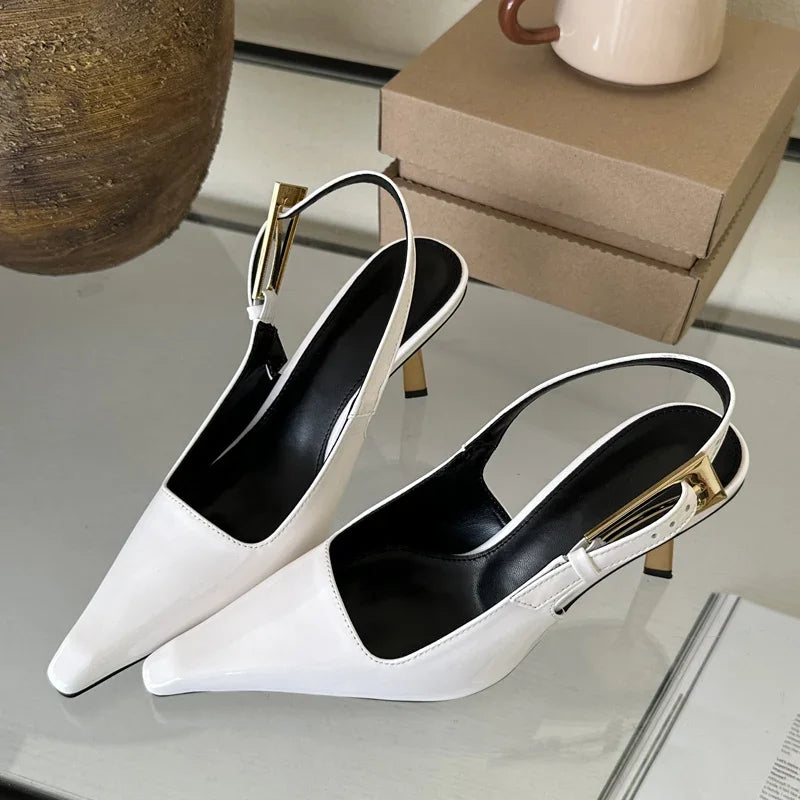 Ddbos Street Style Sexy Pointed Toe Metal Buckle Strap Women Pumps Stripper Sandals  Slingback High Heels Female Shoes