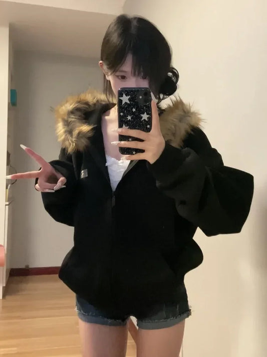 Ddbos Women Black Zip Up Hoodies Vintage Korean Preppy Style Faux Fur Coat Oversized Casual Sweatshirt Harajuku Autumn Winter