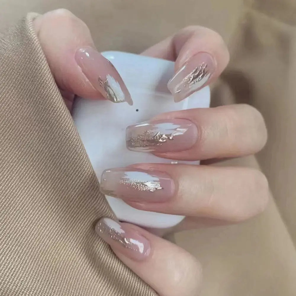 24Pcs Long Coffin False Nails Transparent color design Ballerina Fake Nails With Glue Full Cover Nail Tips Press On Nails