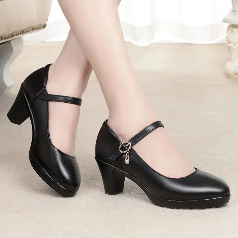 Ddbos Women Fashion Black Pu Leather Office Square Heel Pumps Lady Casual Sweet Light Weight Comfort Spring Summer Heel Shoes