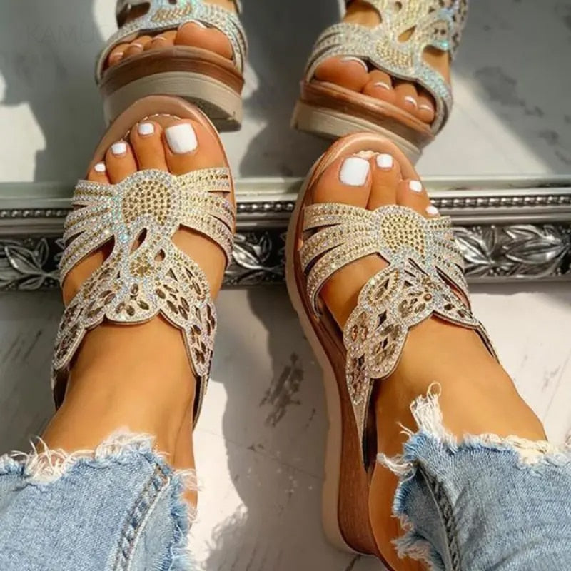 Ddbos Women Platform Sandals Woman Rhinestone Cut-out Wedge Sandals Female Open Toe Non-slip Slides Shoes Lightweight Outdoor Slippers