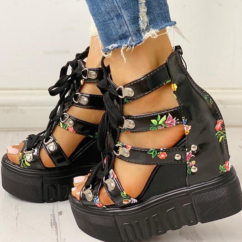 Ddbos Summer Printing Casual Wedge Women's Shoes Women's Sandals Thick Sole Laces High Heels Casual Women's Shoes Zapatos Mujer