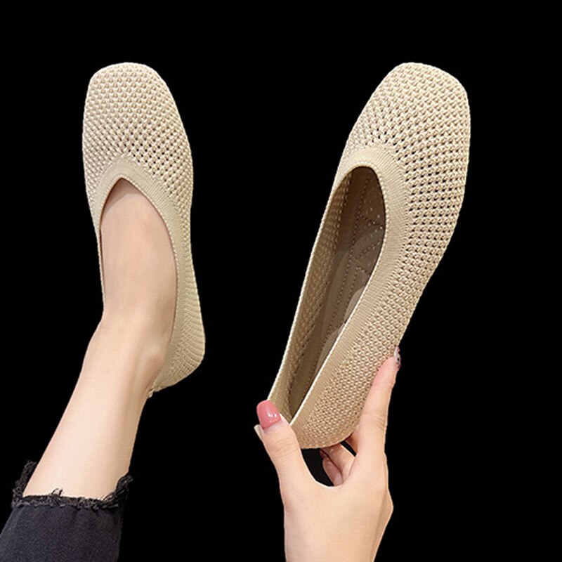 Ddbos Knit Mesh Flat Shoes Women Summer Breathable Stretch Ballet Flats Moccasins Square Toe Loafers Slip on Dress Shoes Sneaker