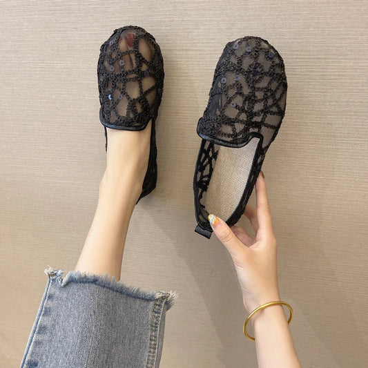 Hollow Lace Flat Shoes Women Summer Slip on Loafers Breathable Shoes Ladies Shoes Casual Fashion Black Sneakers