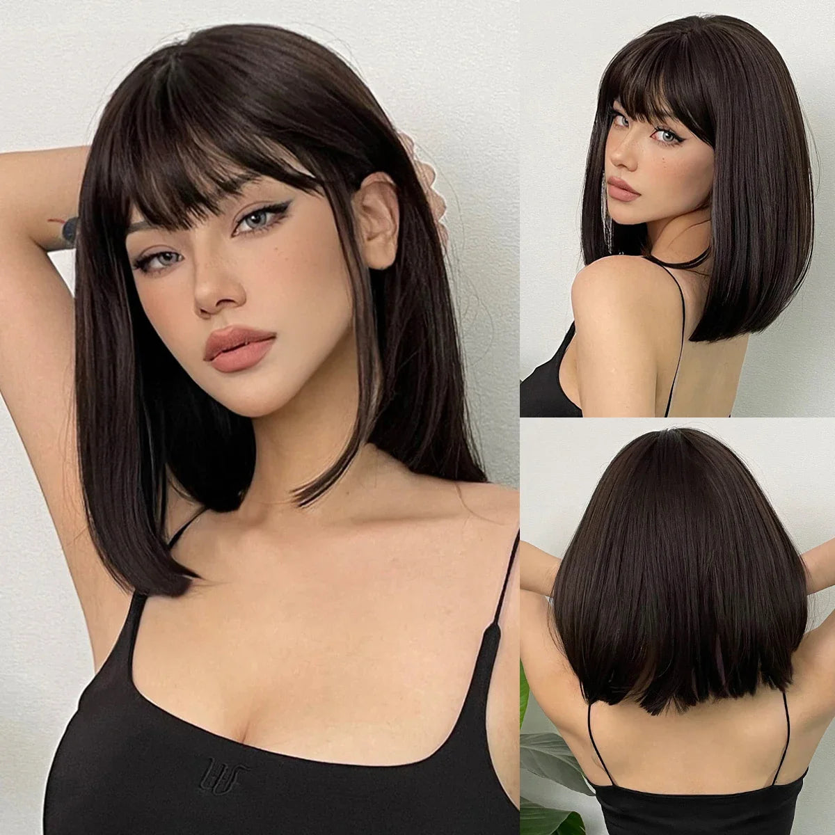 Short Black Brown Synthetic Natural Hair Wigs for Women Bob Straight Wig with Bangs High Temperature Daily Cosplay Party Wigs