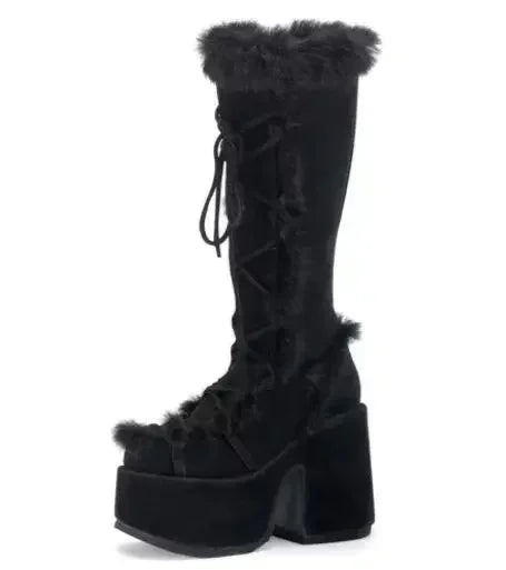 Ddbos New Winter Women Snow Boots Platform Wedge High Heel Faux Fur Lady Shoes Female Plush Warm Non-slip Mid Calf Boots Goth Shoes