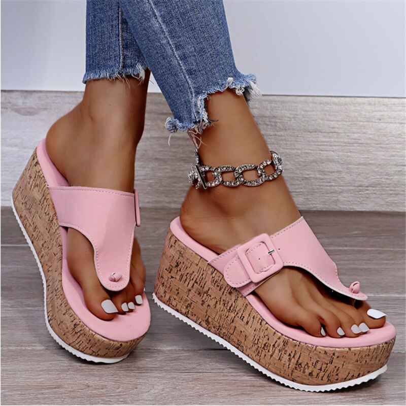 Ddbos Women Summer Flip Flops Shoes Female Wedge Platform Sandal Ladies 7.5cm Thick Bottom Casual Slippers Shoe Black Pink