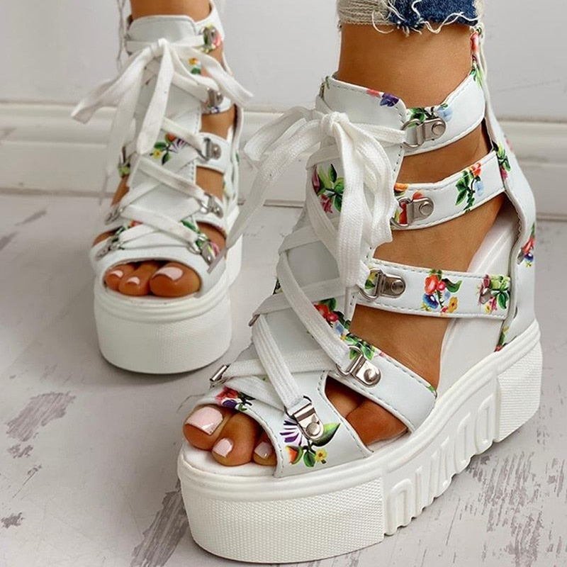 Ddbos Summer Printing Casual Wedge Women's Shoes Women's Sandals Thick Sole Laces High Heels Casual Women's Shoes Zapatos Mujer