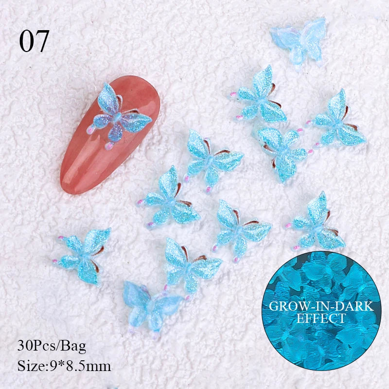 30/20Pcs Auroras White Butterfly 3D Nail Art Decoration DIY Colorful Nail Charms Manicure Glow in dark Nail Decoration Jewelry