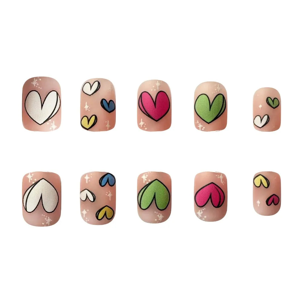 24pcs Fake Nails Short Square Valentine's Day Wearing Armor with Rainbow Heart Design French Press on Nail  Faux Fingernails