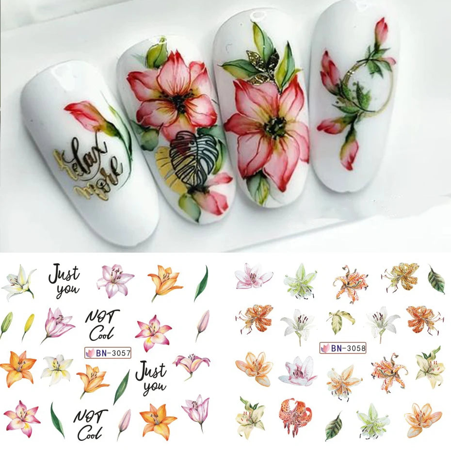 Ddbos 12 Designs Lily Flowers Nail Stickers White Flower Green Leaf Geometric Line Sliders Spring Floral Water Transfer Decals Slider