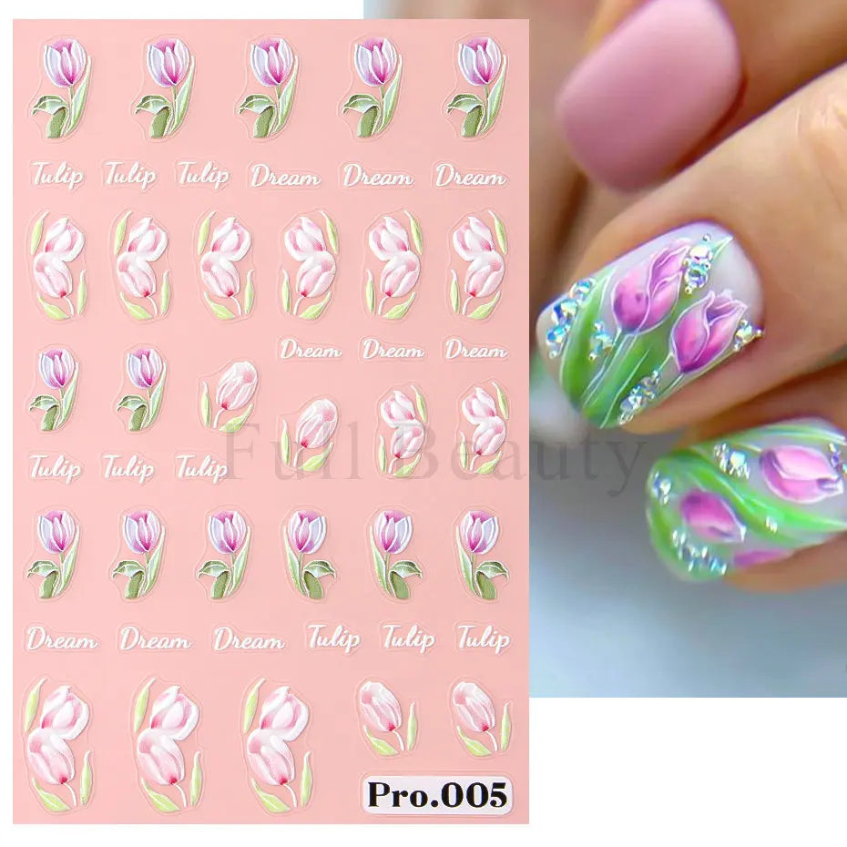 Ddbos 1Pcs Sakura Stickers For Nails 5D Embossed Spring Cherry Blossom Tulip Peony Flowers Petals Sliders Manicure Decoration