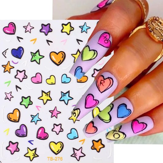 Ddbos Heart Nail Sticker 3D Comic Cartoon Colorful Heart Star Sliders Cute Nail Design Korean Style Translucent Gel Polish Wraps Decal