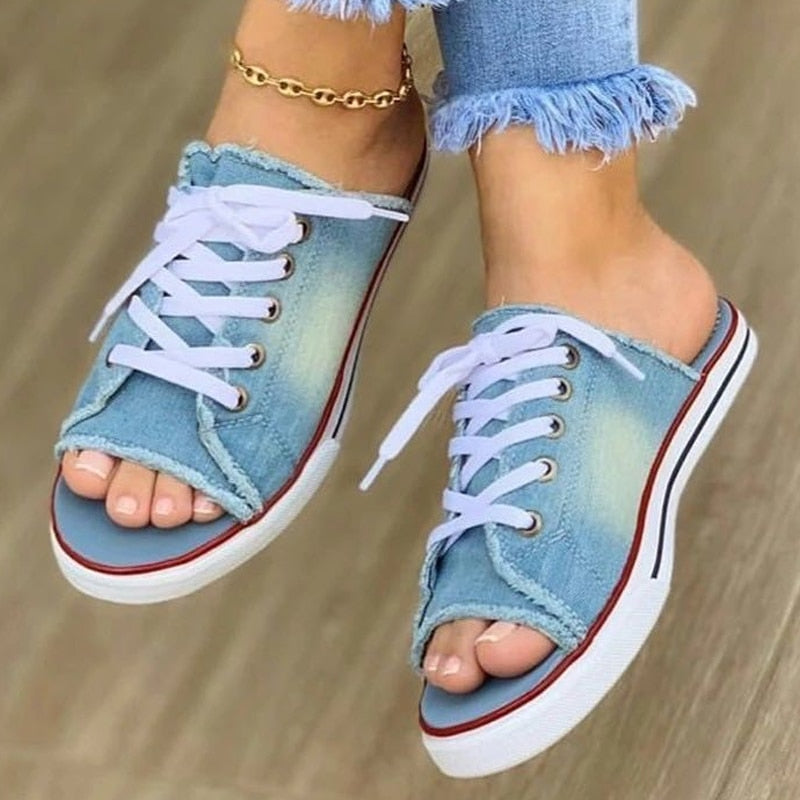 Ddbos Fashion Canvas Slippers Lace Up Open Teen Dames Faux Denim  Luxury Sandals Women Designers  Womens Shoes