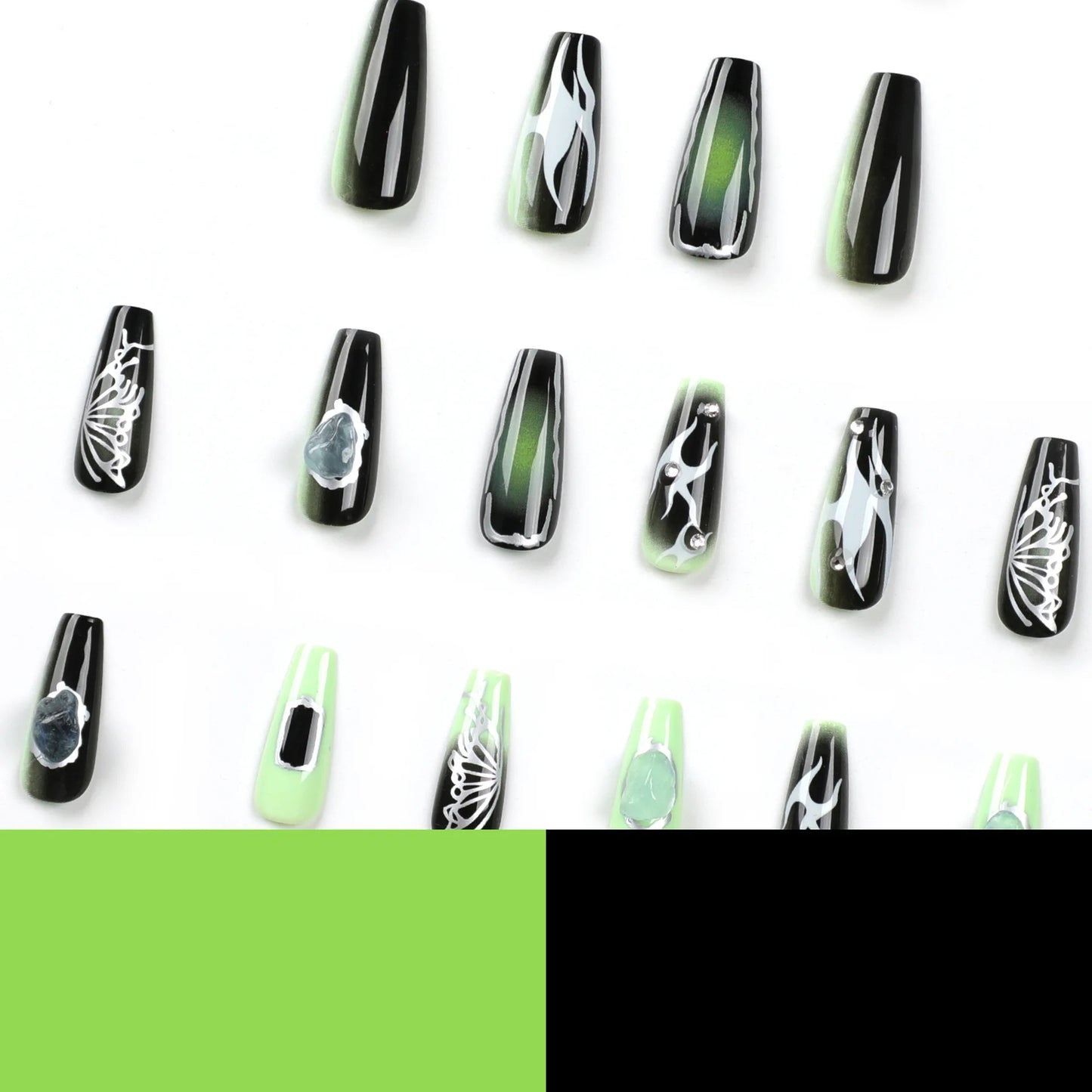 Ddbos 24PCS Long Ballet French Nail Art Fake Nails y2k Press On Black Green Gradient Nail Tips False Nails With Diamond Decoration