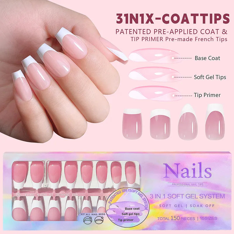 Ddbos 150pcs/set Charming French Ballet Wearable Fake Nail Tips Press On Nail Seamless Removable Wearing Reusable Full Cover Nail Tips