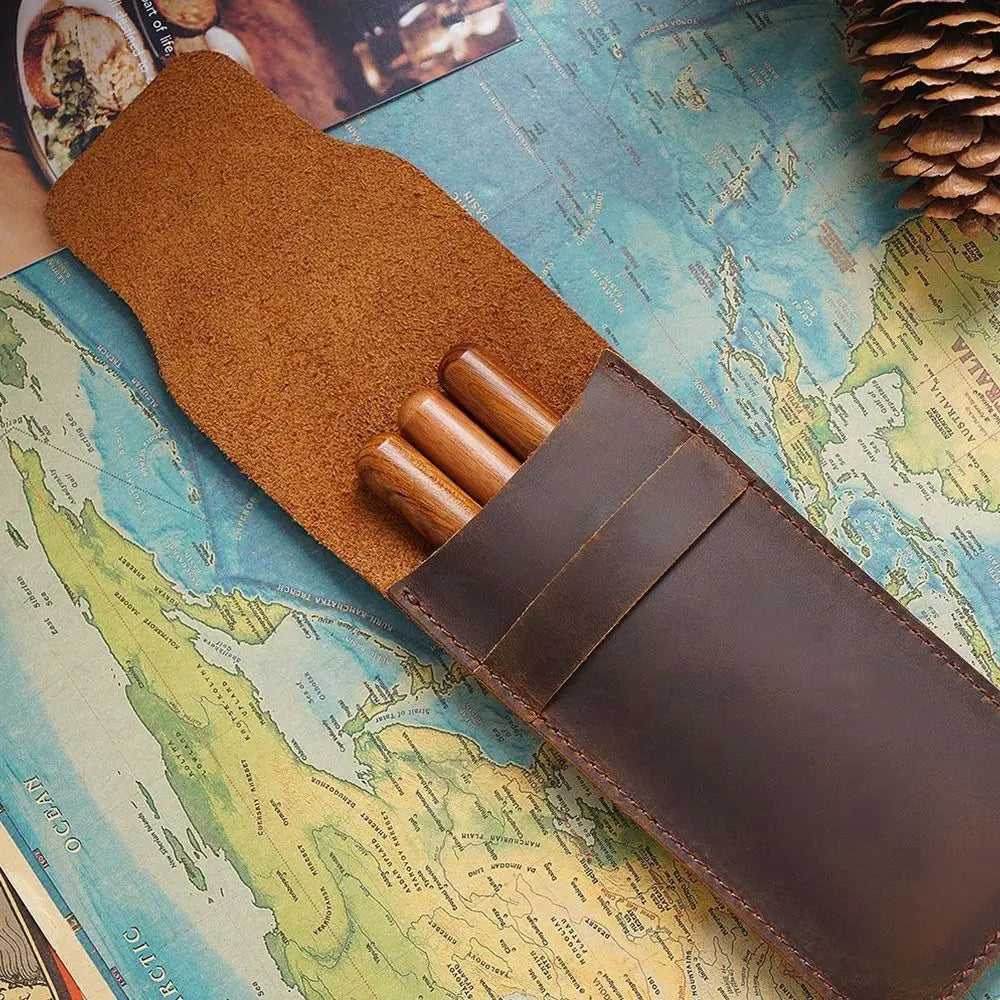 Ddbos Handmade Pen Bag From Cowhide Genuine Leather Retro Pencil Bag Vintage Style Pencil Case Storage Bag For Journal Travel Supplies