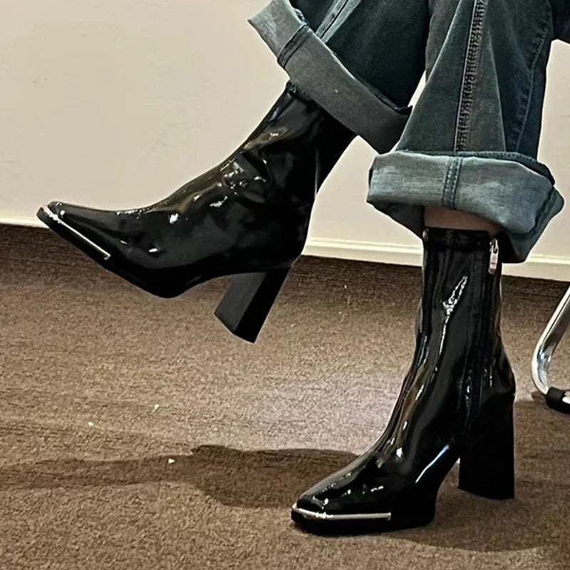 Ddbos Fashion Women Thick High Heel Ankle Boots Solid Patent Leather Office Pumps 2024 Autumn Mujer Square Toe Short Boots