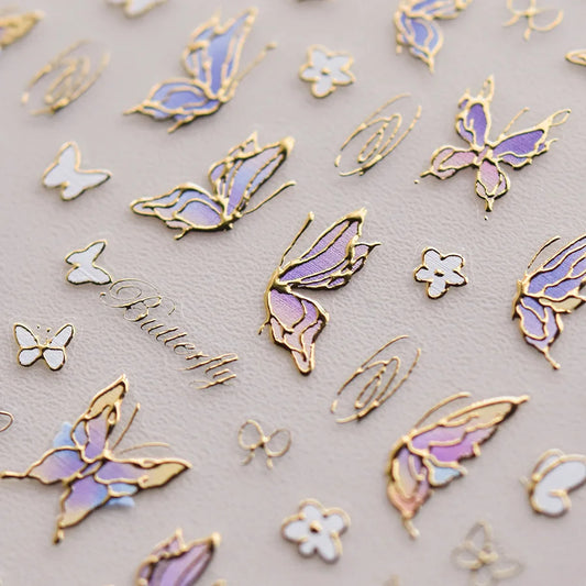 Hot Stamping Halo Dyeing Purple Butterfly Gold Lines Laser 5D Soft Embossed Relief Nail Art Sticker 3D Decal Decoration Manicure