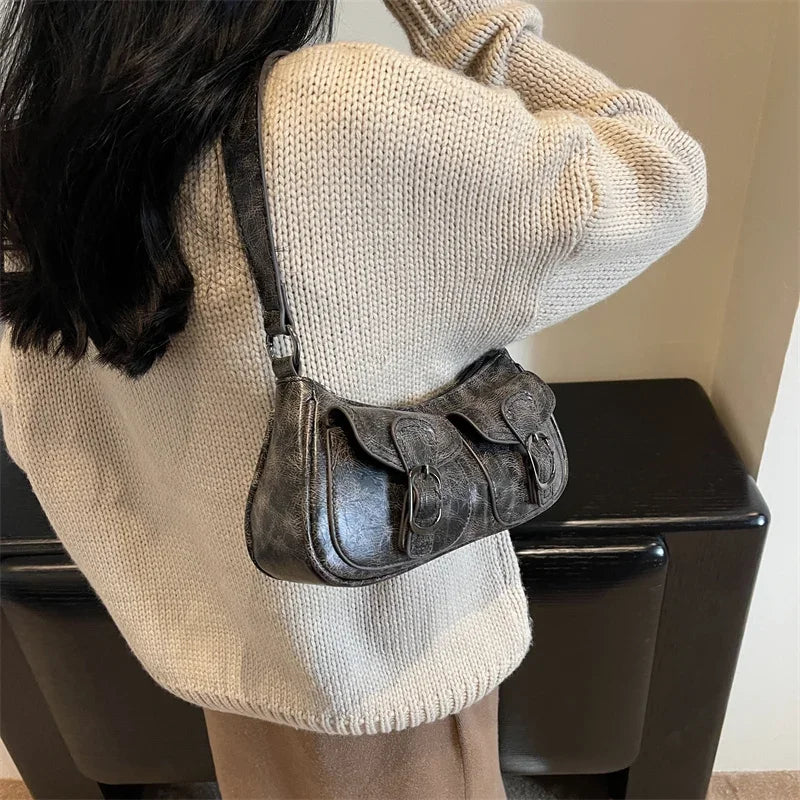 Ddbos Fashion Double pockets Design PU Leather Shoulder Bag for Women Tend Female Crossbody Bag Underarm Bags Handbags