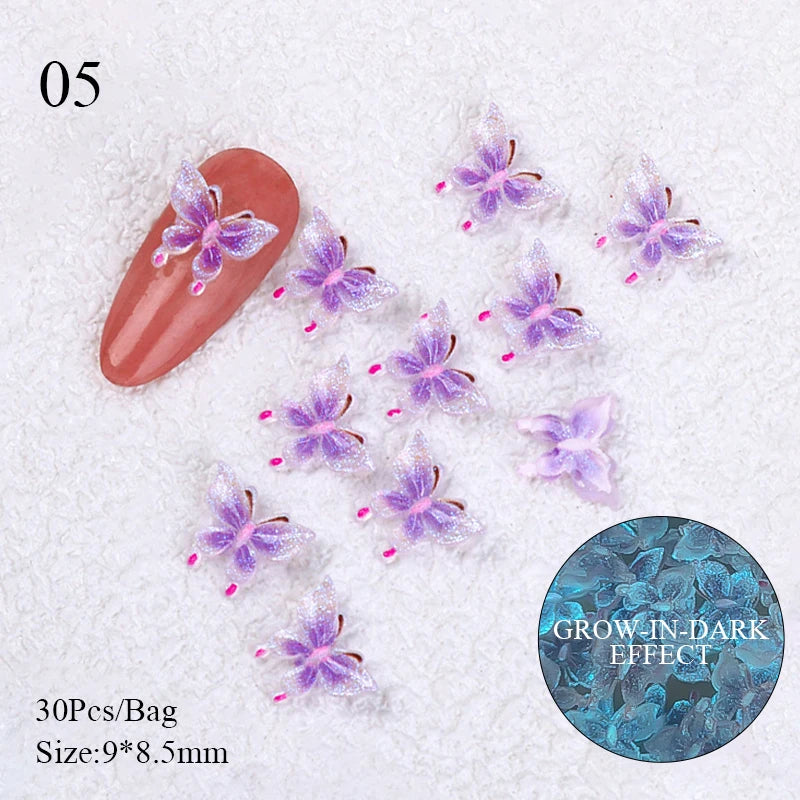 30/20Pcs Auroras White Butterfly 3D Nail Art Decoration DIY Colorful Nail Charms Manicure Glow in dark Nail Decoration Jewelry