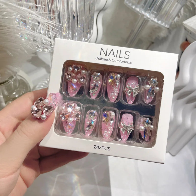 Ddbos Ins Large Crystal False Nails 3D Rhinestone Pearl Decor Bridal Fake Nail Patch Shiny Korean Wedding Artificial Nail Art Tips